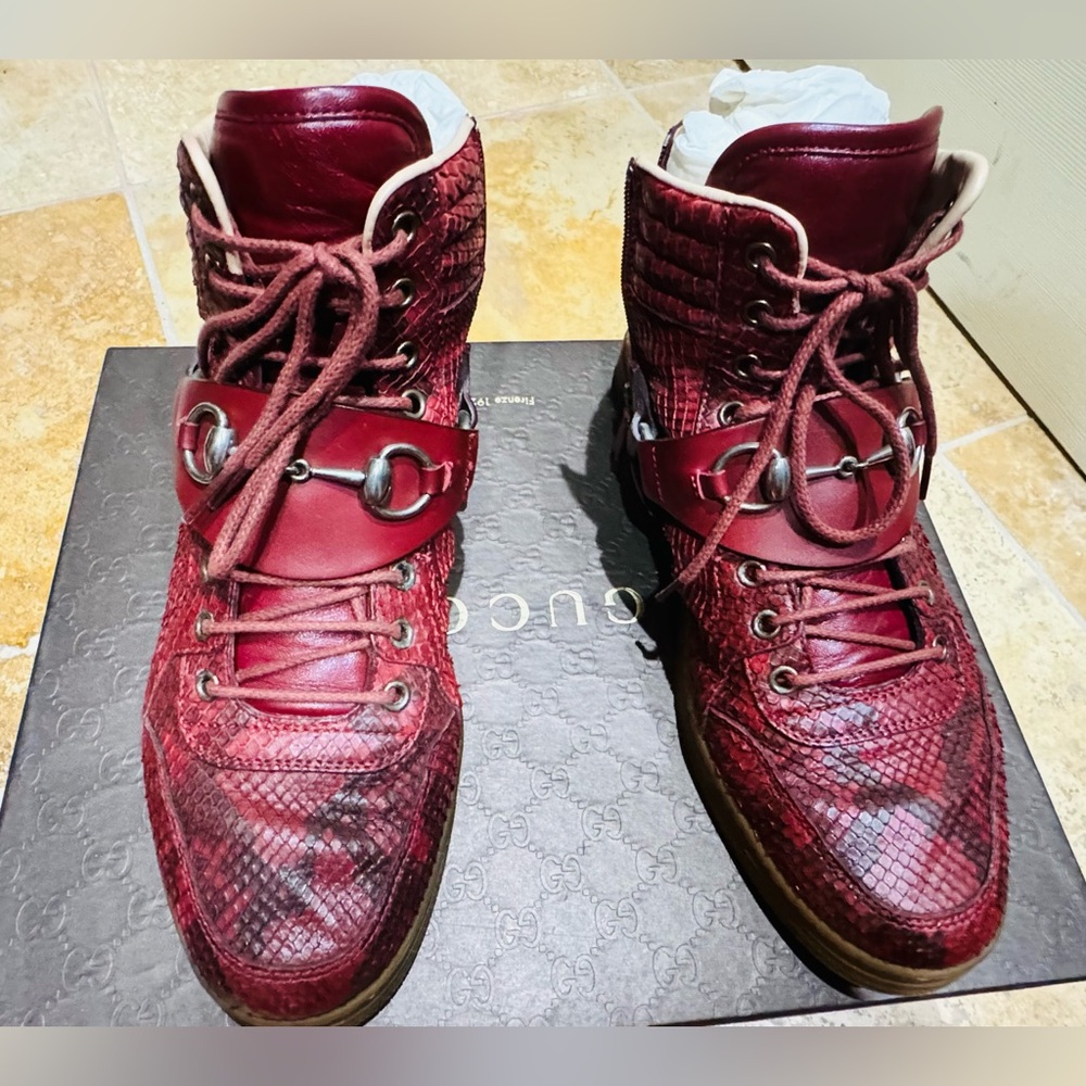 Men’s Gucci horsebit python leather hightop sneakers